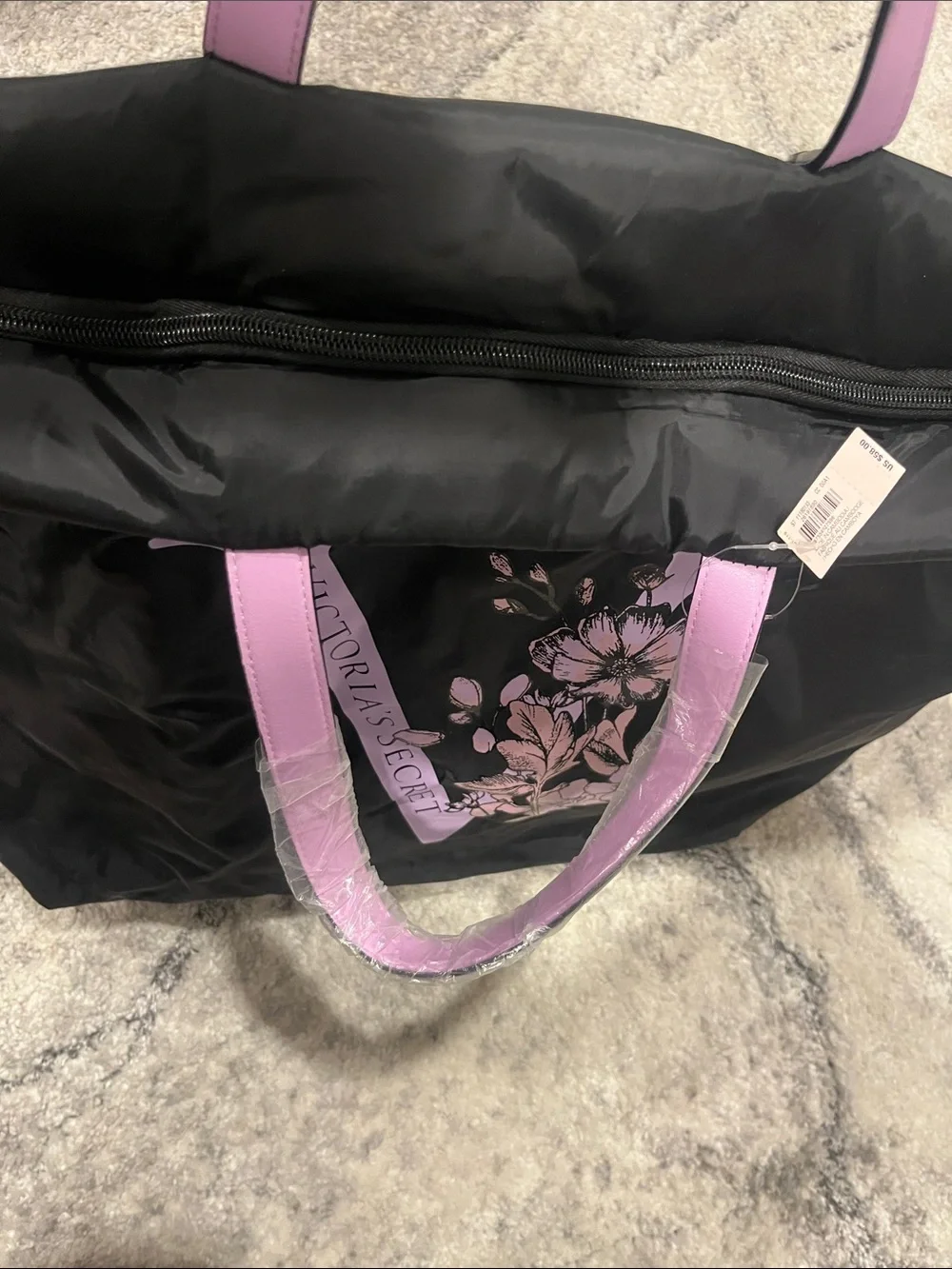 Victoria's Secret Black Tote with Light Pink Floral Logo and Pink Handles
